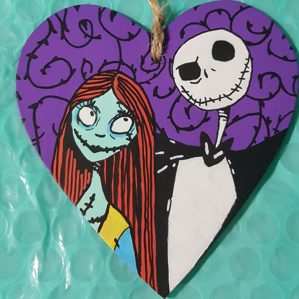 Hand painted Nightmare before Christmas ornament Jack Sally heart art